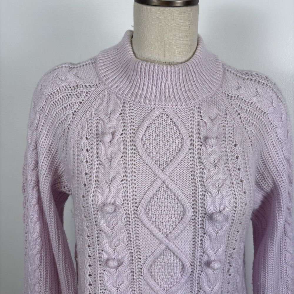 J Crew Pom Pom Cable Knit Mock Neck Sweater VTG Lilac Womens L Azra Wool Blend - Picture 7 of 9